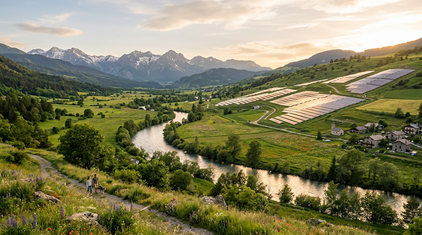 Peaceful green region with river and solar energy